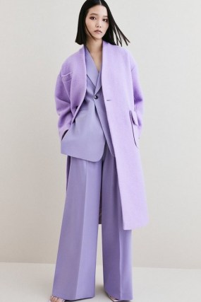 KAREN MILLEN Italian Wool Soft Textured Midi Belted Coat in Lilac ~ collarless tie waist midi coats ~ women’s luxe outerwear - flipped