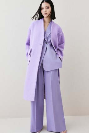 KAREN MILLEN Italian Wool Soft Textured Midi Belted Coat in Lilac ~ collarless tie waist midi coats ~ women’s luxe outerwear