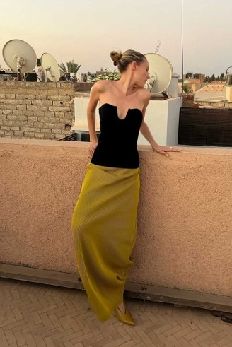 CAMILLA AND MARC Izaro Full-length Column Maxi Skirt in Brown and Gold Stripe | chic long length minimalist skirts - flipped