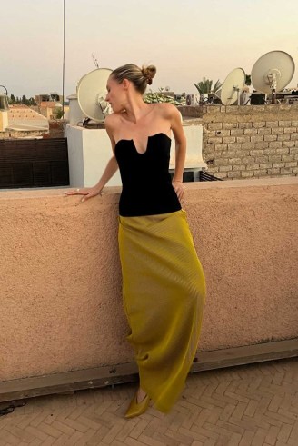CAMILLA AND MARC Izaro Full-length Column Maxi Skirt in Brown and Gold Stripe | chic long length minimalist skirts