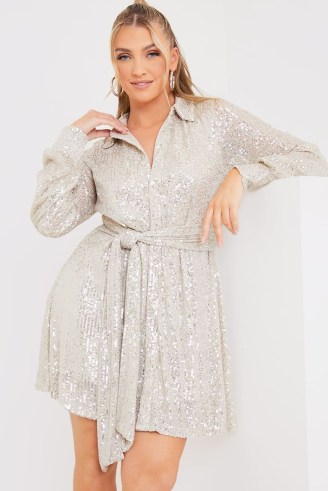 JAC JOSSA SILVER SEQUIN TIE DRAPE DRESS – sequinned shirt dresses – sparkly going out evening fashion - flipped
