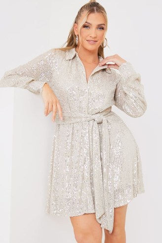 JAC JOSSA SILVER SEQUIN TIE DRAPE DRESS – sequinned shirt dresses – sparkly going out evening fashion
