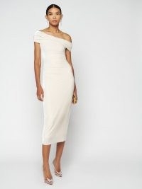 Reformation Jamen Knit Dress in Ivory Velvet – glamorous asymmetric neckline midi dresses