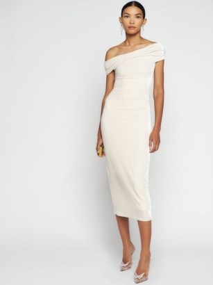 Reformation Jamen Knit Dress in Ivory Velvet – glamorous asymmetric neckline midi dresses - flipped