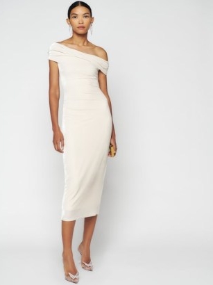 Reformation Jamen Knit Dress in Ivory Velvet – glamorous asymmetric neckline midi dresses