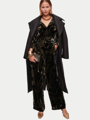 JIGSAW Rock Swirl Silk Velvet Jumpsuit in Black ~ women’s plush evening occasion jumpsuits ~ women’s luxe all-in-one party fashion ~ belted tie waist - flipped