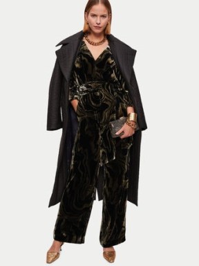 JIGSAW Rock Swirl Silk Velvet Jumpsuit in Black ~ women’s plush evening occasion jumpsuits ~ women’s luxe all-in-one party fashion ~ belted tie waist