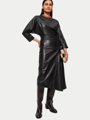 JIGSAW Asymmetric Leather Dress Black ~ luxe clothing ~ women’s asymmetrical panel detail midi dresses - flipped