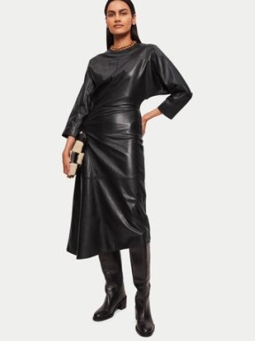 JIGSAW Asymmetric Leather Dress Black ~ luxe clothing ~ women’s asymmetrical panel detail midi dresses