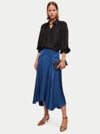 JIGSAW Hammered Satin Midi Skirt in Blue ~ silky fluid asymmetric hemline skirts