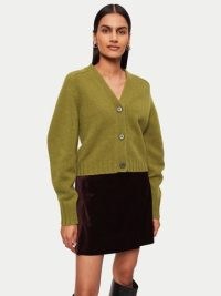 Jigsaw Wool Sculpted Sleeve Cardigan in Green | womens volume sleeved cardigans