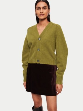 Jigsaw Wool Sculpted Sleeve Cardigan in Green | womens volume sleeved cardigans - flipped