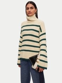 Jigsaw Fishermans Rib Stripe Jumper in Green | womens striped roll neck jumpers | relaxed fit jumpers