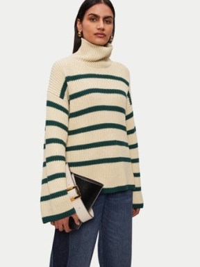 Jigsaw Fishermans Rib Stripe Jumper in Green | womens striped roll neck jumpers | relaxed fit jumpers - flipped