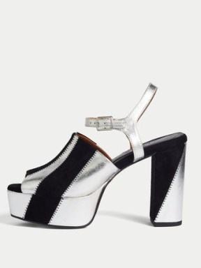 JIGSAW Sandy Platform Leather Sandal in Silver ~ retro party shoes ~ vintage style metallic colour block platforms - flipped