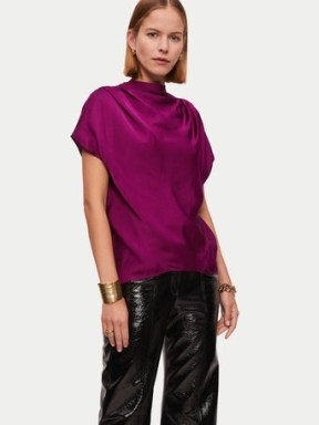 JIGSAW Hammered Satin Blouse Purple ~ minimalist jewel tone blouses ~ fluid draped detail bias cut tops - flipped