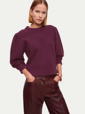 Jigsaw Wool Sculpted Sleeve Jumper in Burgundy | women’s balloon sleeved jumpers | womens sweaters with voluminous sleeves