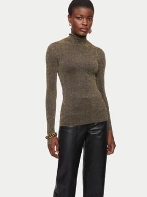 Jigsaw Metallic Rib Polo Neck Jumper in Gold | fitted sparkly high neck jumpers - flipped