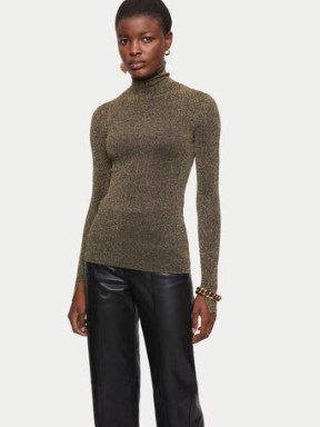 Jigsaw Metallic Rib Polo Neck Jumper in Gold | fitted sparkly high neck jumpers