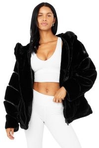 alo yoga KNOCK OUT FAUX FUR JACKET in BLACK | women’s lixe hooded winter jackets