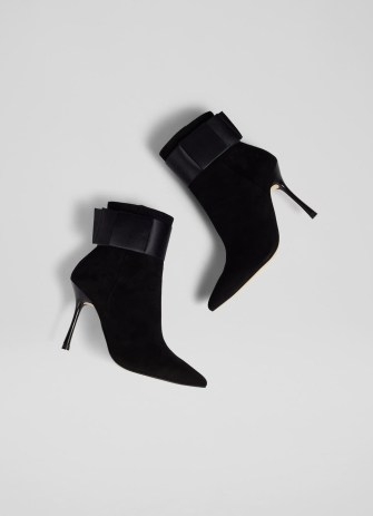 L.K. BENNETT Larissa Black Suede and Stain Bow Detail Ankle Boots ~ glamorous stiletto heel booties - flipped