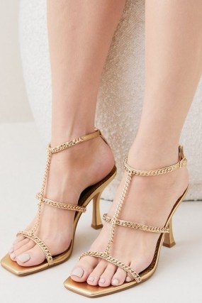 KAREN MILLEN Leather Chain Detail Low Heel in Gold ~ metallic square toe evening sandals - flipped