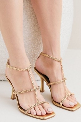 KAREN MILLEN Leather Chain Detail Low Heel in Gold ~ metallic square toe evening sandals