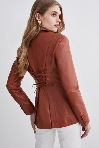 KAREN MILLEN Leather Corset Waist Back Tailored Blazer Jacket – women’s brown lace up detail blazers – womens luxe jackets - flipped