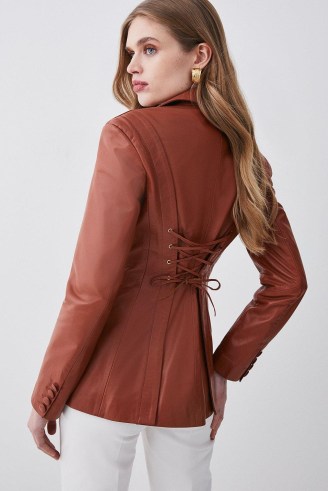 KAREN MILLEN Leather Corset Waist Back Tailored Blazer Jacket – women’s brown lace up detail blazers – womens luxe jackets
