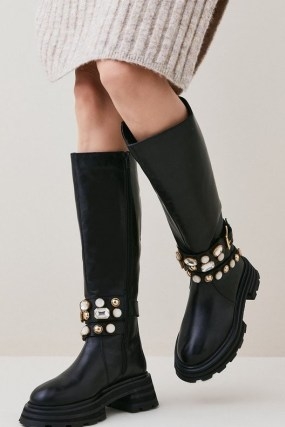 KAREN MILLEN Leather Embellished Knee High Boot in Black ~ chunky jewelled bike inspired boots ~ women’s buckled footwear - flipped