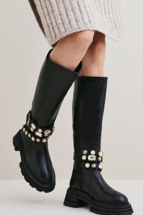 KAREN MILLEN Leather Embellished Knee High Boot in Black ~ chunky jewelled bike inspired boots ~ women’s buckled footwear