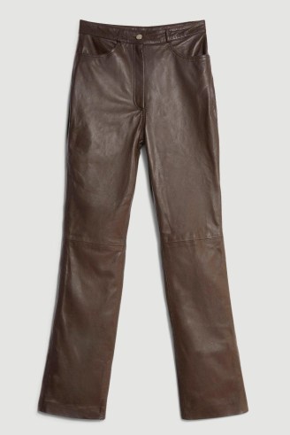 KAREN MILLEN Leather Five Pocket Straight Leg Jeans in Chocolate – women’s luxe dark brown trousers - flipped