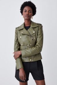 KAREN MILLEN Leather Military Zip Detail Biker Jacket in Olive ~ luxe green zip detail jackets