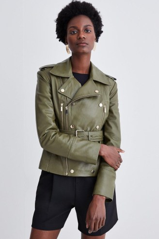 KAREN MILLEN Leather Military Zip Detail Biker Jacket in Olive ~ luxe green zip detail jackets - flipped