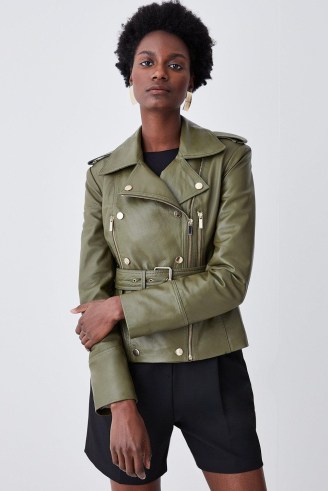 KAREN MILLEN Leather Military Zip Detail Biker Jacket in Olive ~ luxe green zip detail jackets