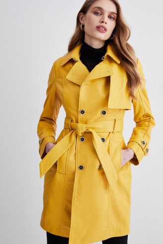 KAREN MILLEN Leather Short Trench Coat in Marigold ~ women’s luxe yellow tie waist belted coats - flipped