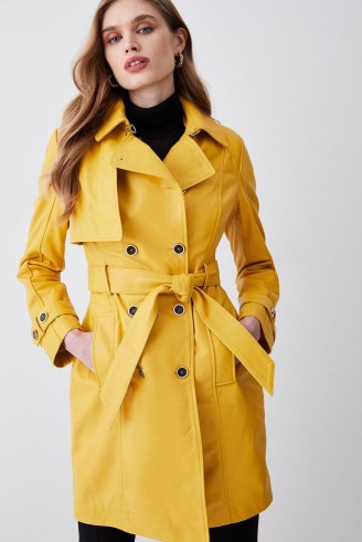 KAREN MILLEN Leather Short Trench Coat in Marigold ~ women’s luxe yellow tie waist belted coats