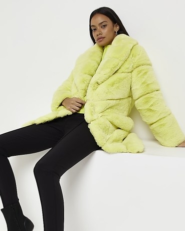 RIVER ISLAND LIME GREEN OVERSIZED FAUX FUR COAT – women’s luxe style winter coats - flipped