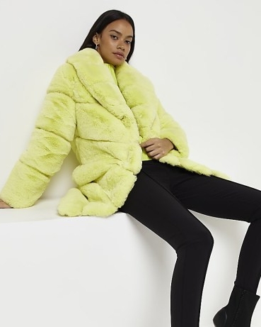 RIVER ISLAND LIME GREEN OVERSIZED FAUX FUR COAT – women’s luxe style winter coats