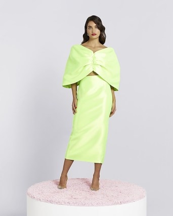 RIVER ISLAND LIME GREEN SATIN CROPPED BARDOT TOP – vintage style evening glamour – back bow detail occasion tops – off the shoulder party fashion – oversized bows - flipped