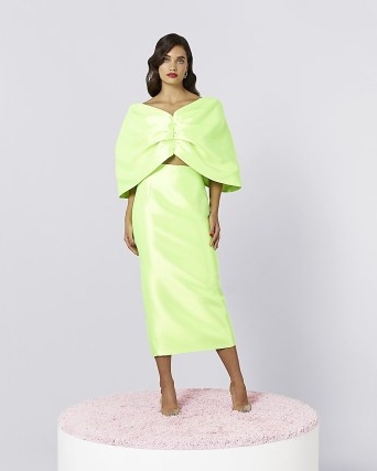 RIVER ISLAND LIME GREEN SATIN CROPPED BARDOT TOP – vintage style evening glamour – back bow detail occasion tops – off the shoulder party fashion – oversized bows