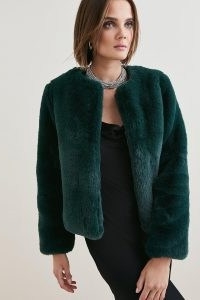 KAREN MILLEN Long Sleeve Faux Fur Short Coat in Forest ~ glamorous green jackets ~ winter glamour ~ women’s cropped coats