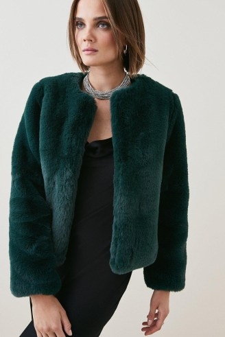 KAREN MILLEN Long Sleeve Faux Fur Short Coat in Forest ~ glamorous green jackets ~ winter glamour ~ women’s cropped coats - flipped