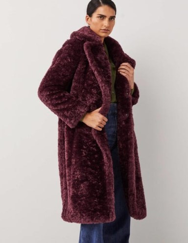 Boden Longline Teddy Coat in Fig | glamorous faux fur coats | women’s plush winter outerwear - flipped