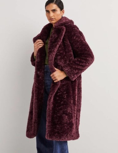 Boden Longline Teddy Coat in Fig | glamorous faux fur coats | women’s plush winter outerwear