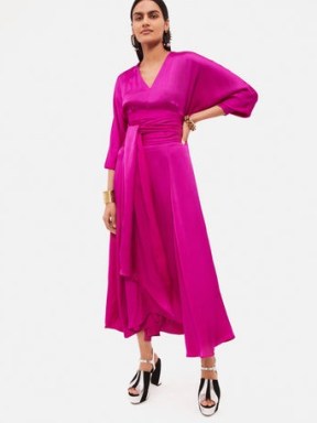 JIGSAW Hammered Satin Sash Dress in Pink ~ fluid flared hem party dresses ~ women’s luxe evening occasion clothes ~ obi belt tie waist - flipped