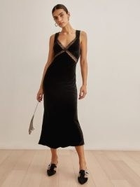 Reformation Lorenzo Velvet Dress in Black | luxe lace detail open back slip dresses