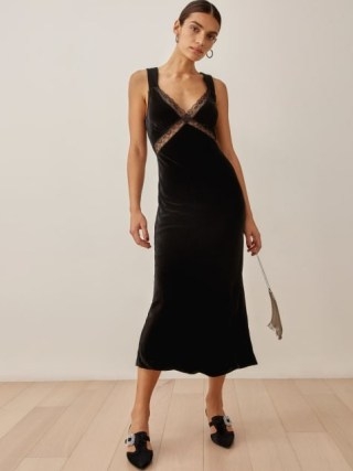 Reformation Lorenzo Velvet Dress in Black | luxe lace detail open back slip dresses - flipped
