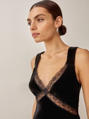 Taylot Swift’s black sleeveless lace panel slip dress, Reformation Lorenzo Velvet Dress. On Instagram, 4 November 2022 | celebrity social media fashion | dresses - flipped