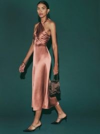 Reformation Maddison Silk Dress in Praline ~ luxe halterneck party dresses ~ feminine silky fabric evening fashion ~ glamour